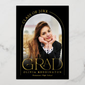 黒モダン金ゴールドフォトアーチ卒業パーティー 箔招待状 (正面)