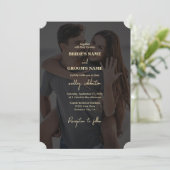 黒モダン金ゴールドフォトオーバーレイ結婚ズ 招待状 (スタンド正面)