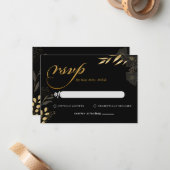 黒モダン金ゴールドフローラエレガントな結婚式RSVP ノートカード (正面/裏面インサイチュ)