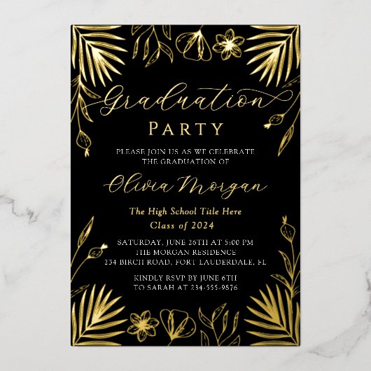 黒モダン金ゴールドフローラスクリプト卒業写真F 箔招待状 (正面)