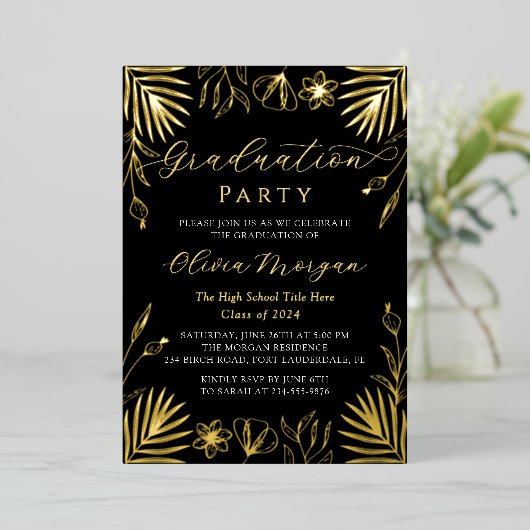 黒モダン金ゴールドフローラスクリプト卒業写真F 箔招待状 (立ち正面)