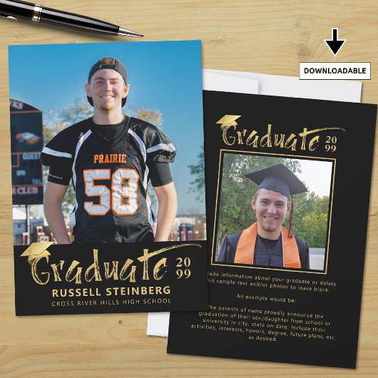 黒モダン金ゴールドブラシストローク卒業生2枚 案内状