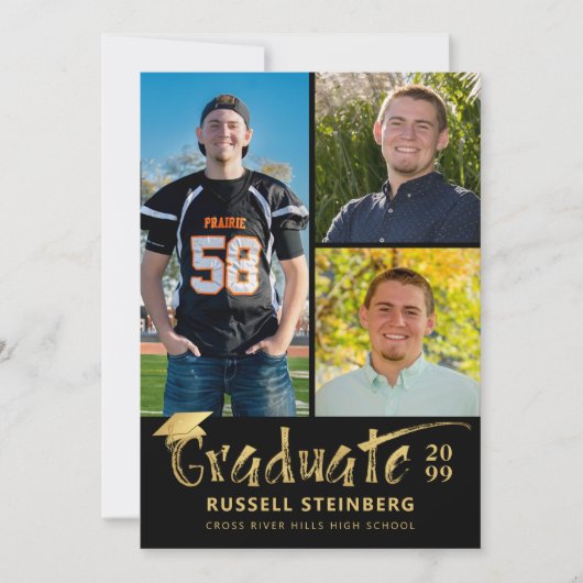 黒モダン金ゴールドブラシストローク卒業生4枚 案内状 (正面)