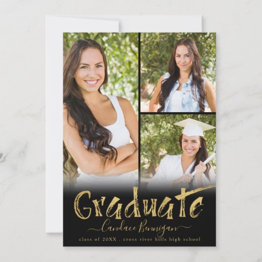 黒モダン金ゴールドブラシ大学院写真コラージュ 案内状 (正面)