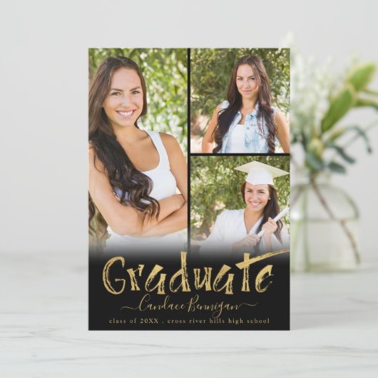 黒モダン金ゴールドブラシ大学院写真コラージュ 案内状 (スタンド正面)