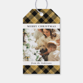 黒モダン金ゴールドプレイドクリスマスファミリー写真 ギフトタグ