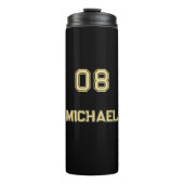 黒モダン金ゴールドプレイヤー名ジャージー番号スポーツ タンブラー (正面)