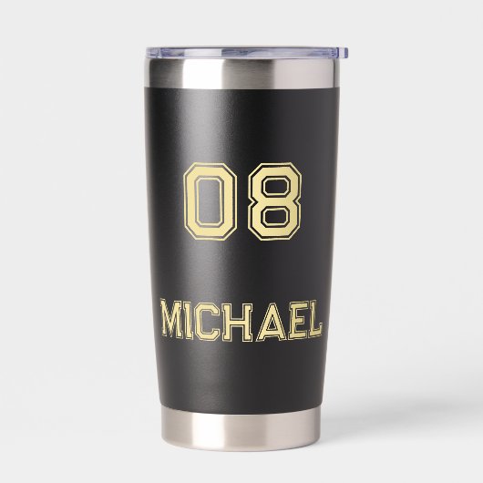 黒モダン金ゴールドプレイヤー名ジャージー番号スポーツ 保温保冷タンブラー (左面)