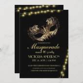 黒モダン金ゴールドマスカレードパーティー誕生日16日 招待状 (正面/裏面)