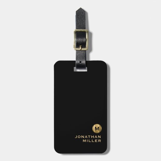 黒モダン金ゴールドミニマリストのモノグラム名 ラゲッジタグ (正面縦)