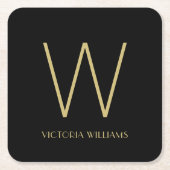 黒モダン金ゴールドミニマリストモノグラム スクエアペーパーコースター (正面)