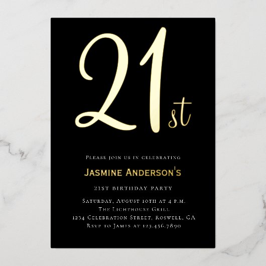 黒モダン金ゴールドミニマル21歳の誕生日 箔招待状 (正面)
