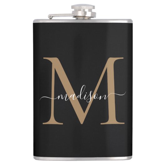 黒モダン金ゴールドモノグスタイリッシュラムガーリースクリプト フラスク (正面)