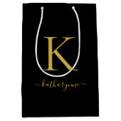 黒モダン金ゴールドモノグラムスクリプト名 ミディアムペーパーバッグ (正面)