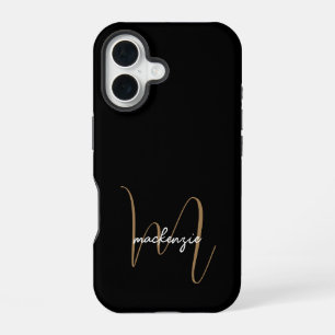 黒モダン金ゴールドモノグラムフェミニンスクリプト名 iPhone 16ケース