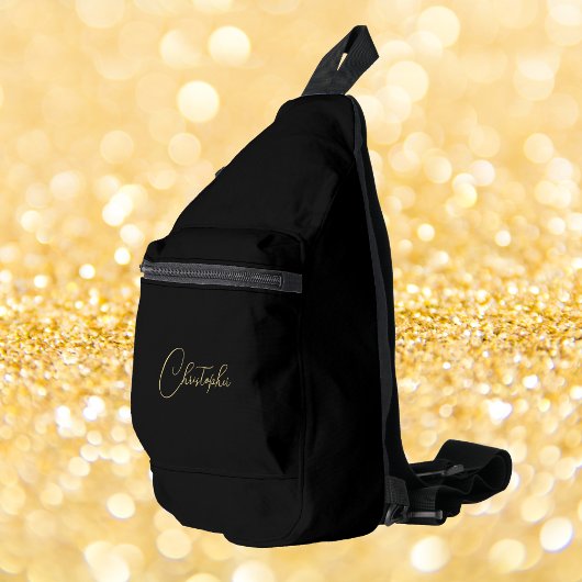 黒モダン金ゴールドモノグラムメンズウィメンズキッズトラベル スリングバッグ