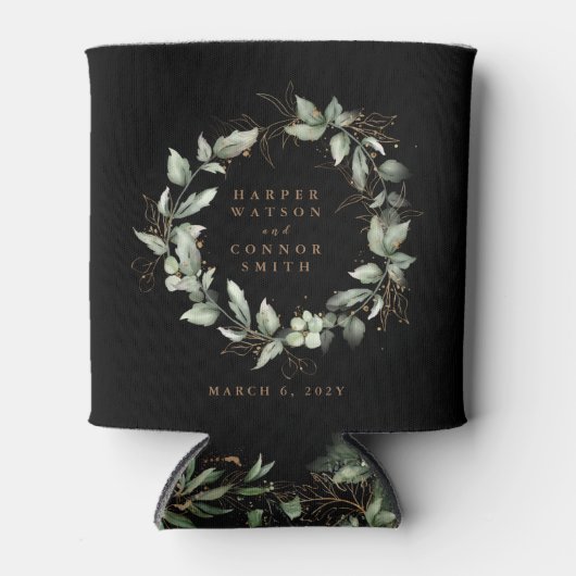 黒モダン金ゴールドユーカリリース結婚ズ 缶クーラー (正面)