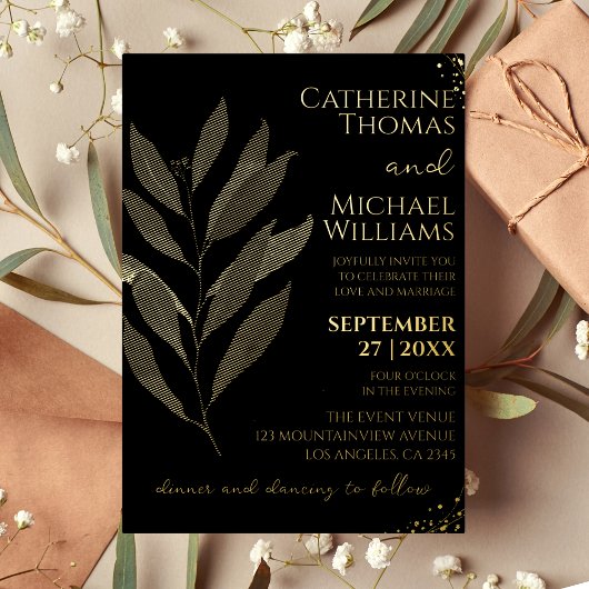 黒モダン金ゴールドリーフ結婚モノグラム 箔招待状