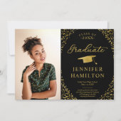 黒モダン金ゴールド写真卒業のお知らせ 招待状 (正面)