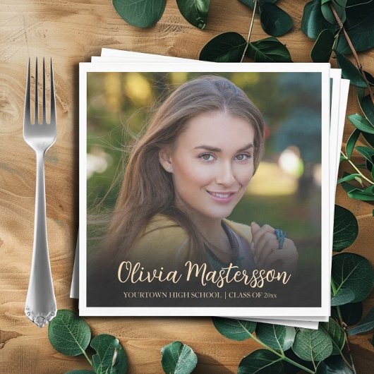 黒モダン金ゴールド写真卒業パーティー スタンダードランチョンナプキン