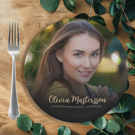 黒モダン金ゴールド写真卒業パーティー ペーパープレート