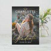 黒モダン金ゴールド写真卒業招待状 招待状 (スタンド正面)