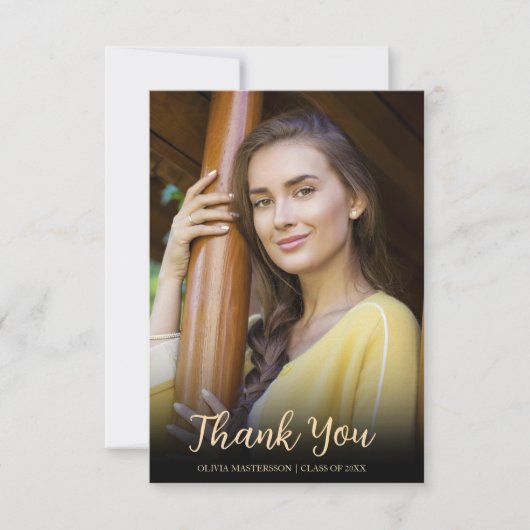 黒モダン金ゴールド写真卒業 サンキューカード (正面)