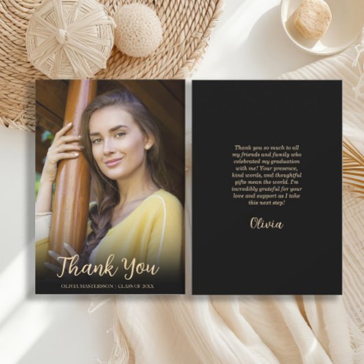 黒モダン金ゴールド写真卒業 サンキューカード