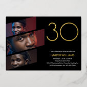 黒モダン金ゴールド写真30歳の誕生日 箔招待状 (正面)