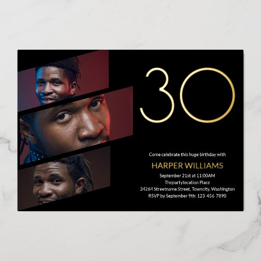 黒モダン金ゴールド写真30歳の誕生日 箔招待状 (正面)