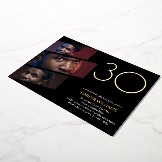 黒モダン金ゴールド写真30歳の誕生日 箔招待状 (回転した状態)