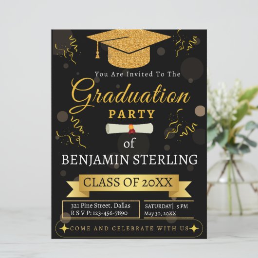 黒モダン金ゴールド卒業パーティー招待状 招待状 (スタンド正面)