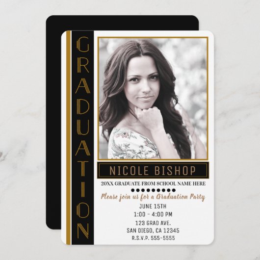 黒モダン金ゴールド卒業会卒業写真 招待状 (正面/裏面)