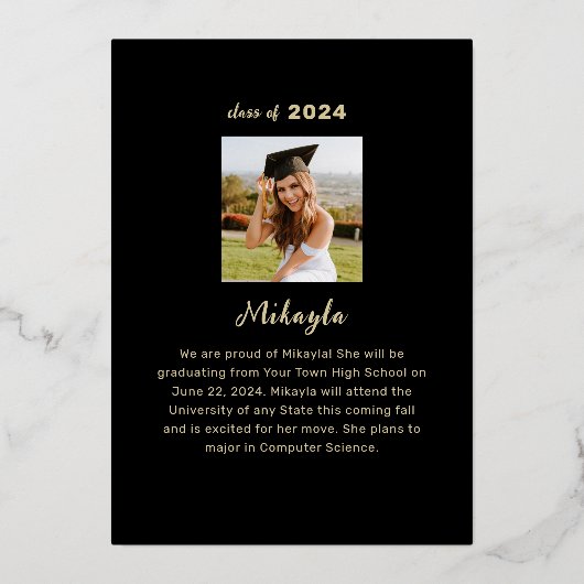 黒モダン金ゴールド卒業箔の発表 箔招待状 (裏面)