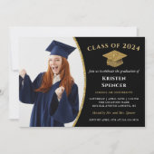 黒モダン金ゴールド大学院写真卒業 招待状 (正面)