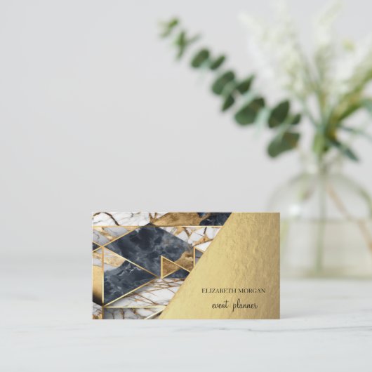 黒モダン金ゴールド大理石ジオメトリ 名刺 (スタンド正面)