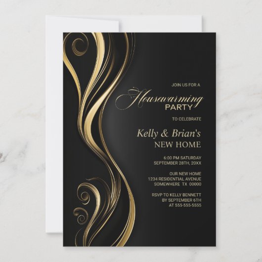 黒モダン金ゴールド引っ越し祝いパーティーパーティー 招待状 (正面)