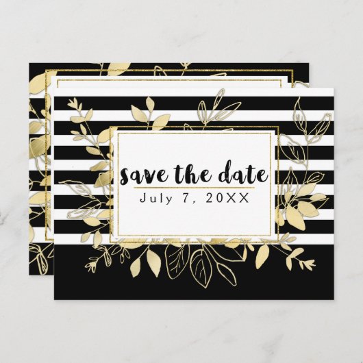 黒モダン金ゴールド植物花の日付を保存 案内ポストカード (正面/裏面)