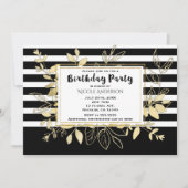 黒モダン金ゴールド植物花の誕生日パーティー 招待状 (正面)