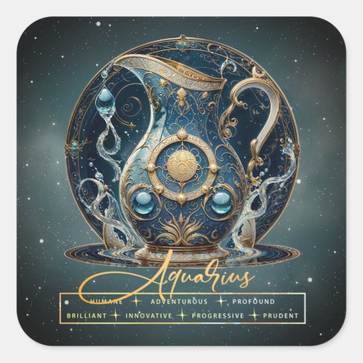 黒モダン金ゴールド水受け皿シンボルAquarius スクエアシール (正面)