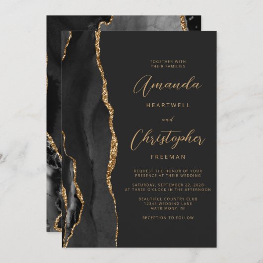 黒モダン金ゴールド瑪瑙スクリプト石板結婚 招待状 (正面/裏面)