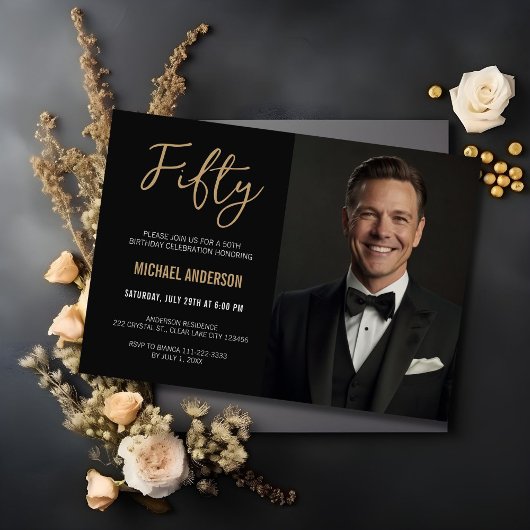 黒モダン金ゴールド瑪瑙50誕生日写真 招待状