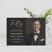 黒モダン金ゴールド瑪瑙50誕生日写真 招待状 (スタンド正面)
