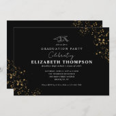 黒モダン金ゴールド紙吹雪大学院卒業パーティー 招待状 (正面/裏面)