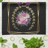 黒モダン金ゴールド紫フローラトレンディーボホタオル キッチンタオル (折り畳み)