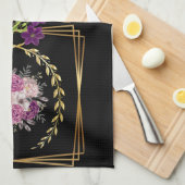黒モダン金ゴールド紫フローラトレンディーボホタオル キッチンタオル (四つ折り)