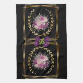 黒モダン金ゴールド紫フローラトレンディーボホタオル キッチンタオル (縦)