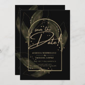 黒モダン金ゴールド葉結婚式の日付を保存 招待状 (正面/裏面)