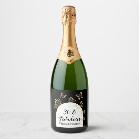 黒モダン金ゴールド蝶の素晴らしい誕生日 スパークリングワインラベル (正面)