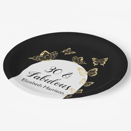 黒モダン金ゴールド蝶の素晴らしい誕生日 ペーパープレート (アングル)